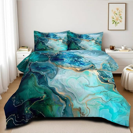 Turquoise Marble Comforter Set Queen Size Teal Blue Abstract Bedding Set Women Men Modern Aesthetic Comforters 3 Piece Gold Marbling Art Bed Sets Soft Lightweight Microfiber Comforter Sets