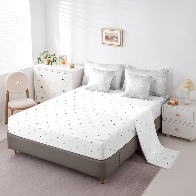 Erosebridal Gothic Damask Bed in a Bag King Size Comforter Set 7 Pieces,Sun Moon Tree of Life Bedding Sets Silver White Victorian Floral Goth Sheet Set with Comforter