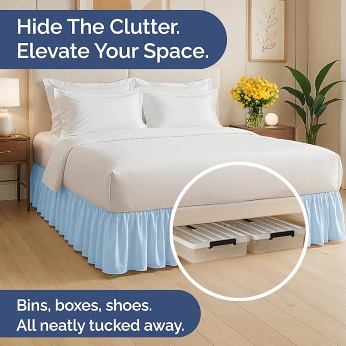 Bedskirt Queen Size Ruffle - 12 inch Drop Dust Ruffle Bed Skirt with Platform - Soft, Easy Fit, Premium Hotel Quality - Wrinkle, Fade & Shrink Resistant - for Women, Men, Kids and Teens - Light Blue