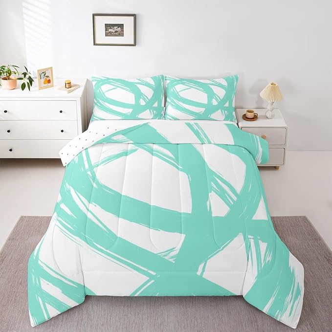 Turquoise and White Abstarct Comforter Set Twin Size for Kids Boys Girs,Graffiti Stripes Lines Bedding Set,Aesthetic Geometric Duvet Insert for Minimalists,Contemporary Boho Modern Art Quilt