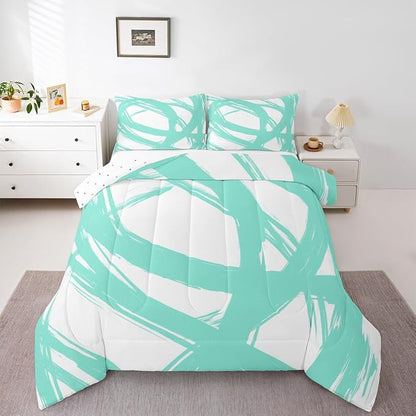 Turquoise and White Abstarct Comforter Set Twin Size for Kids Boys Girs,Graffiti Stripes Lines Bedding Set,Aesthetic Geometric Duvet Insert for Minimalists,Contemporary Boho Modern Art Quilt