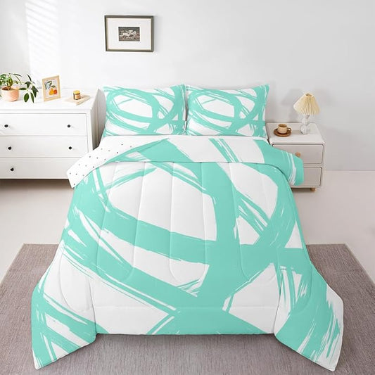 Turquoise and White Abstarct Comforter Set Twin Size for Kids Boys Girs,Graffiti Stripes Lines Bedding Set,Aesthetic Geometric Duvet Insert for Minimalists,Contemporary Boho Modern Art Quilt