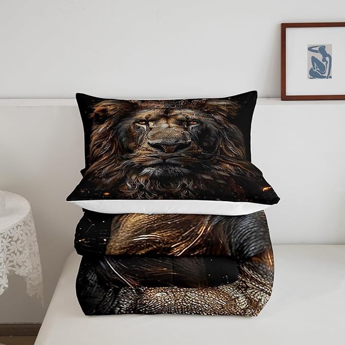 Castle Fairy 3D Lion Comforter Set King Size Wild African Animal Bedding Set Bedroom Decor Golden Glitter Crown Quilt Set Comfortable Breathable Luxury Black Duvet Insert with 2 Pillowcases,3 Pcs