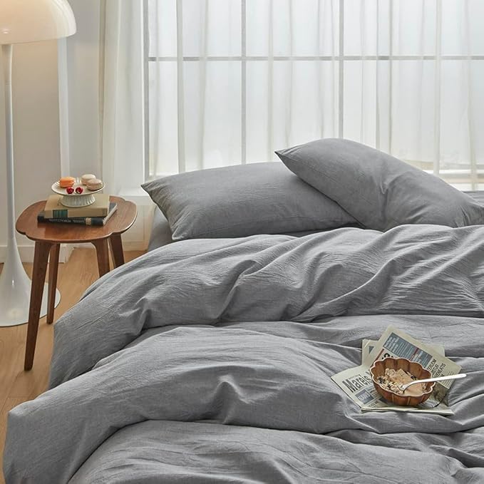 FACE TWO FACE Bedding Duvet Cover Set100% Washed Cotton Duvet Cover Linen Like Textured Breathable Durable Soft Comfy (Queen, Light Grey)