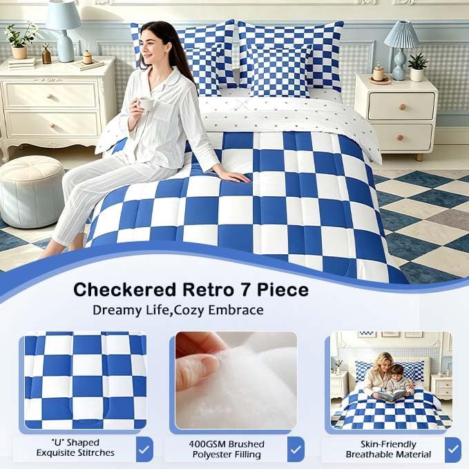 Feelyou Checkered Retro 7 Piece Bedding Set Teen Women Men Blue White Plaid Comforter Set with Sheets Twin Size Kids Boys Geometric Vintage Bed in a Bag Modern Simple Groovy Aesthetic Room Decor