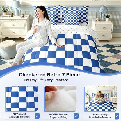 Feelyou Checkered Retro 7 Piece Bedding Set Teen Women Men Blue White Plaid Comforter Set with Sheets Twin Size Kids Boys Geometric Vintage Bed in a Bag Modern Simple Groovy Aesthetic Room Decor