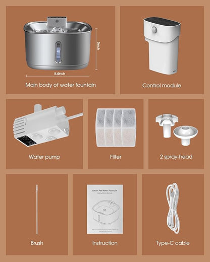 Wireless Cat Water Fountain Stainless Steel, Smart Pet Water Fountain Cordless,3.2L/108oz with Filters and 2 Spray-Head,Pet Water Fountain for Cats Dogs Indoor