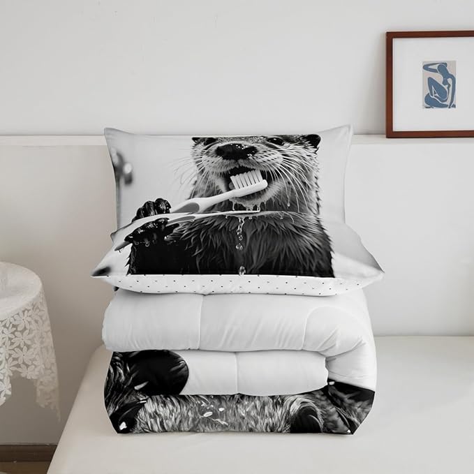 Erosebridal Sea Otter Bedding Set Queen Size Cute Animal Comforter Set for Kids Boys Girls Kawaii Marine Brush Teeth White Beige Grey Comforter Warm Soft Quilt Insert