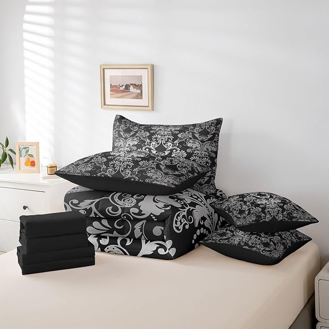 Erosebridal Gothic Damask Bed in a Bag King Size Comforter Set 7 Pieces,Butterfly Skull Bedding Sets Black White Victorian Floral Goth Sheet Set with Comforter