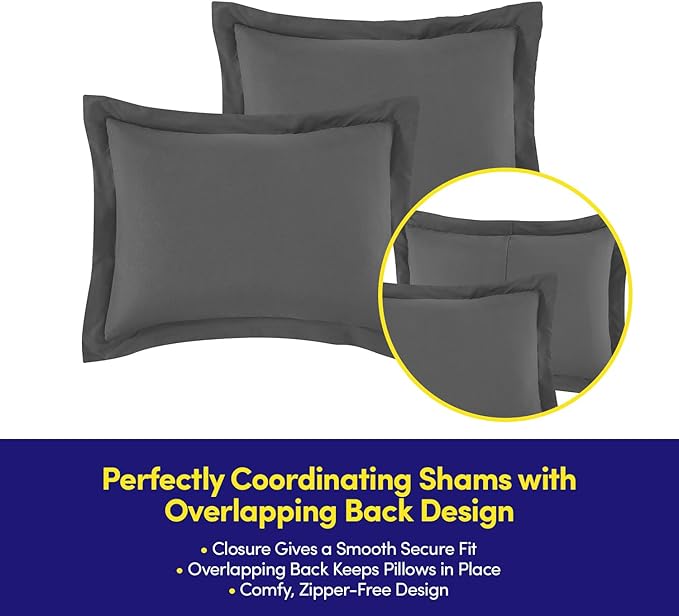 Queen Comforter Set Quilted Stripe Bedding Bundle – Comforter, Mattress Protector, Sheets with Pockets on the Side & Built-in Corner Strap – Fitted Sheet Media Pocket for Devices, Charcoal