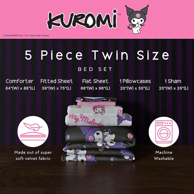 Sanrio Kuromi & My Melody Bedding 5 Piece Super Soft Cozy Reversible Comforter and Sheet Set with Sham, Twin, (Officially Licensed Product) by Franco