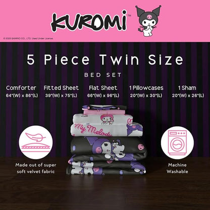 Sanrio Kuromi & My Melody Bedding 5 Piece Super Soft Cozy Reversible Comforter and Sheet Set with Sham, Twin, (Officially Licensed Product) by Franco