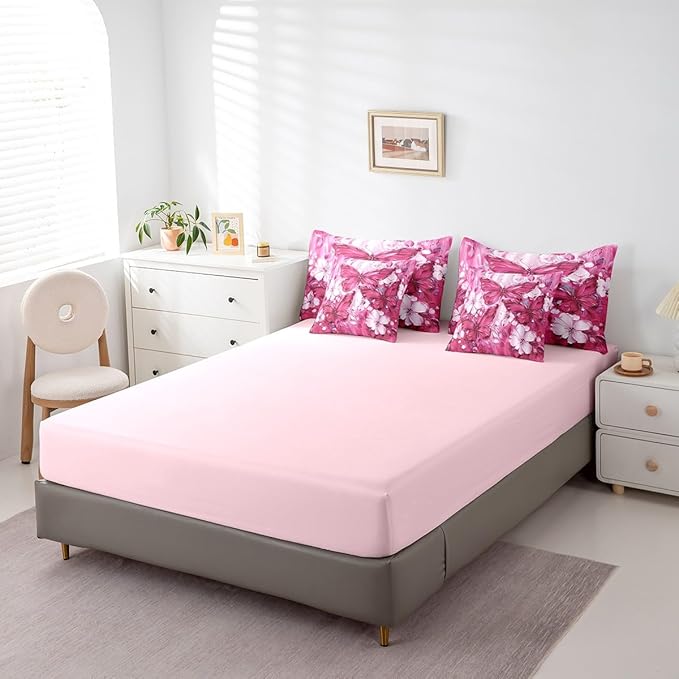 Erosebridal Girls Hot Pink Butterfly Bedding Sets Queen 7 Piece White Flowers Oil Painting Boho Kids Comforter Set Retro Aesthetics Bohemian Butterfly Bed in A Bag,Floral Butterfly Sheet Set