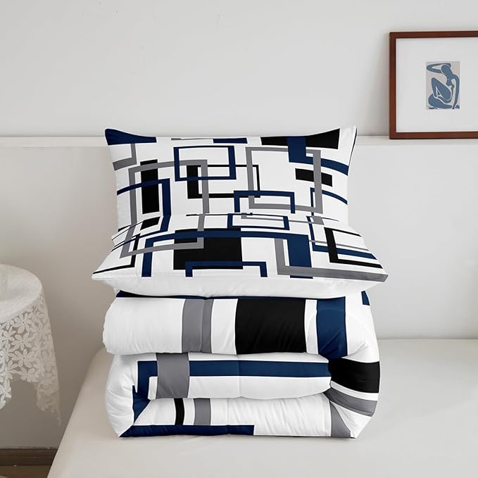 Erosebridal Square Comforter for Kids Boys Girls,Black and Grey White Navy Blue Bedding Set,Geometric Quilt Set Queen,Fashion 3D Grid Striped Duvet Insert with 2 Pillowcases Lightweight