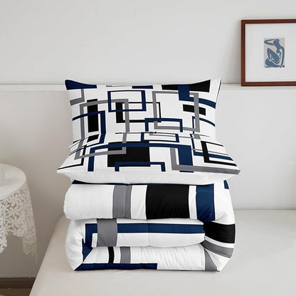 Erosebridal Square Comforter for Kids Boys Girls,Black and Grey White Navy Blue Bedding Set,Geometric Quilt Set Queen,Fashion 3D Grid Striped Duvet Insert with 2 Pillowcases Lightweight