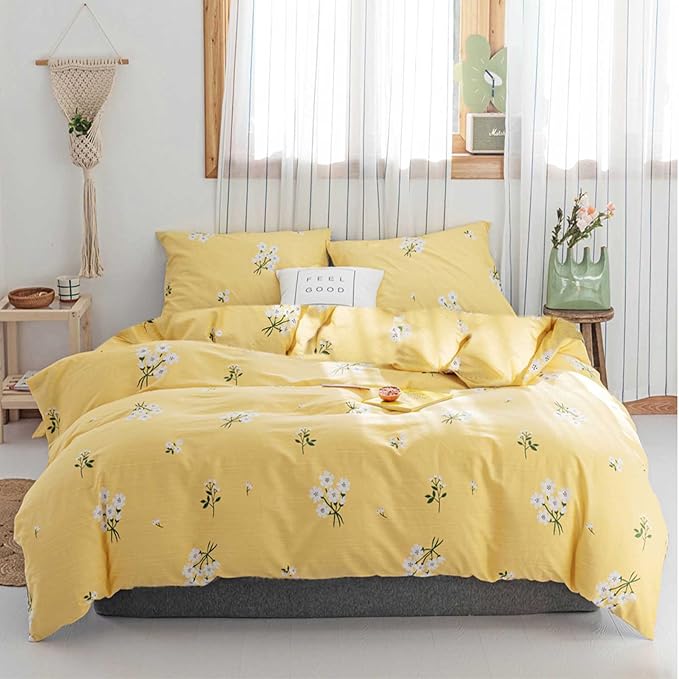 HighBuy Queen Comforter Set Yellow Floral for Women Girls,1 Cute Flower Comforter and 2 Pillow Shams,All Season Vintage Chic Botanical Bedding Comforter Set,Fluffy,Comfortable