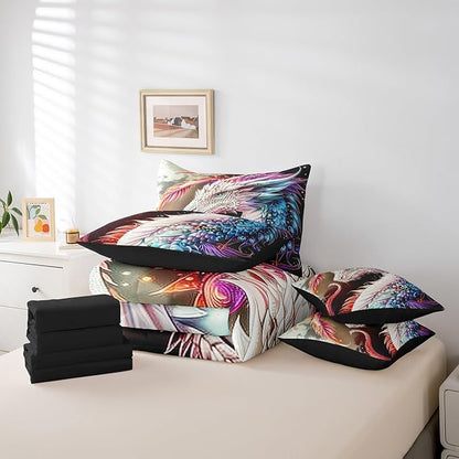 Erosebridal Colourful Dragon 7 Piece Comforter Set Full Bed in a Bag,Gothic Artistic Mythical Animal Bedding Sets Antique Wildlife Sheet Set with Comforter