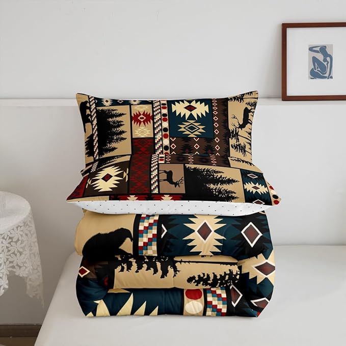 Feelyou Boho Comforter Set Twin Size Rustic Comforter for Boys Girls Teens Cabin Bedding Set Vinatge Duvet Set Room Decor Brown Quilt Set