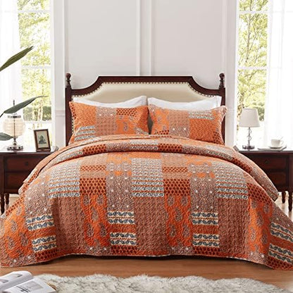 LEAONME 3 Pieces California King Size Quilt Set Burnt Orange Rust Oversized 120x120 Inch Bedspread Coverlet Lightweight Microfiber Paisley Bed Cover for All Seasons (1 Quilt, 2 Pillow Shams)