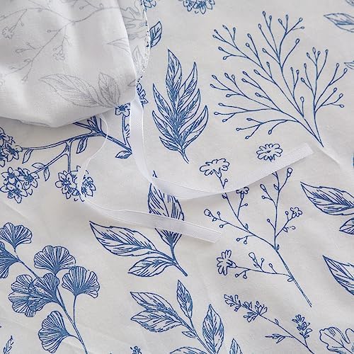mixinni Girls Blue Flower Leaves Pattern on White Duvet Cover Twin Size Soft Cotton Bedding Comforter Cover Set with Zipper Closure 4 Corner Ties for Teenage Girls (1 Duvet Cover + 2 Pillowcases)