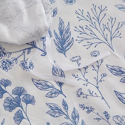 mixinni Small Floral Print Duvet Cover Queen Blue Flower Leaf Duvet Cover Set Soft Cotton White Bedding Comforter Cover Zipper Closure 4 Corner Ties for Him and Her-Queen Size