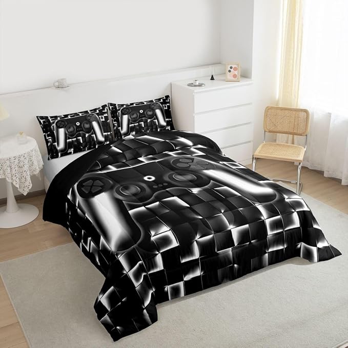 Erosebridal Video Game Full Boys Bedding Set Gamer Kids Comforter Geometric Gaming Bedding Comforter Teen Men Neon Lights Checkered Game Console Bed Set Black White Gradient Gamepad Quilt 3 Piece