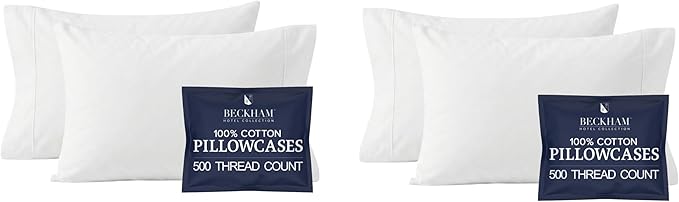 Beckham Hotel Collection Cotton Pillowcases Standard/Queen, 500TC, Sateen Finish, Open End, Breathable, Moisture-Wicking, White (4 Pieces)