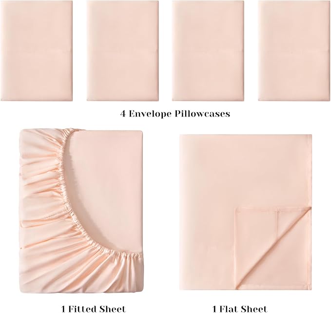 BYSURE 6 Pieces Bed Sheets Set(Queen, Peach) - Hotel Luxury Super Soft 1800 Thread Count 100% Microfiber Sheets with Deep Pockets, Wrinkle & Fade Resistant