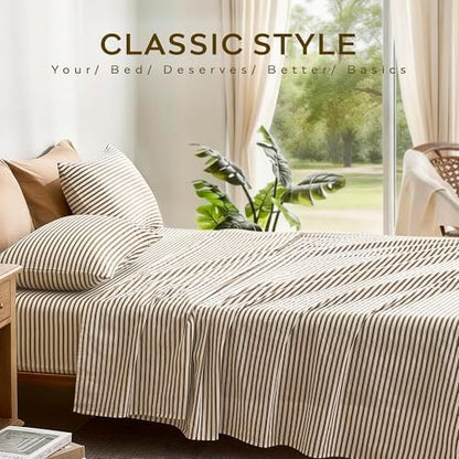 JELLYMONI 100% Cotton Sheet Set, Khaki Striped, Twin