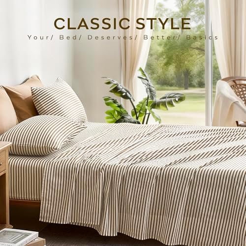 JELLYMONI 100% Cotton Sheet Set, Khaki Striped, Queen