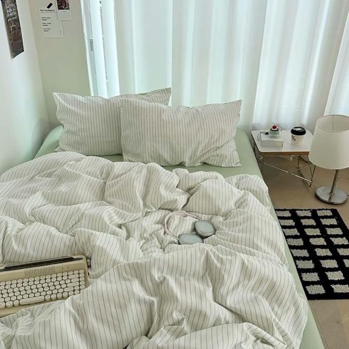 Nayoroom Green Striped Duvet Cover Queen Size 100% Washed Cotton Duvet Cover Linen Like Textured, Reversible 3 Pieces Soft Breathable Yarn-Dyed Stripe Girls Dorm Bedding Set for All Seasons