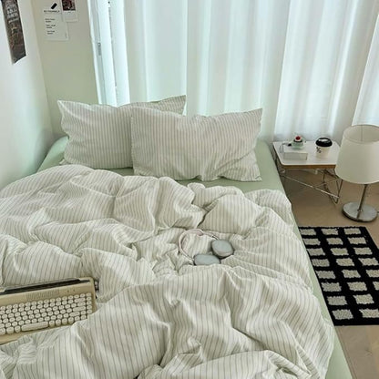 Nayoroom Green Striped Duvet Cover Queen Size 100% Washed Cotton Duvet Cover Linen Like Textured, Reversible 3 Pieces Soft Breathable Yarn-Dyed Stripe Girls Dorm Bedding Set for All Seasons