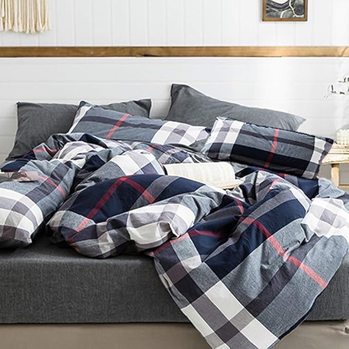 Cottonight Navy Blue Plaid Comforter Set King Buffalo Checkered Comforter Lightweight Blue Grid Bedding Set Super Soft Blue Red and White Plaid Bedding Set for Men Boys Adults