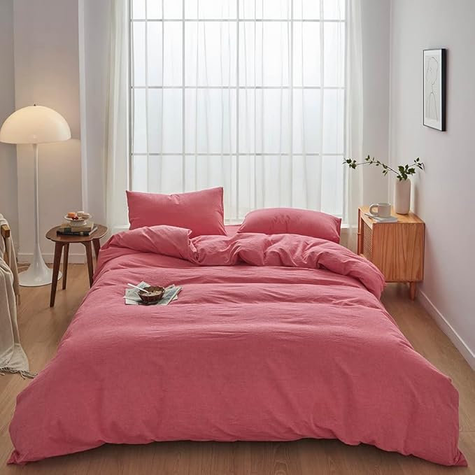 FACE TWO FACE Bedding Duvet Cover Set100% Washed Cotton Duvet Cover Linen Like Textured Breathable Durable Soft Comfy (Twin, Red)