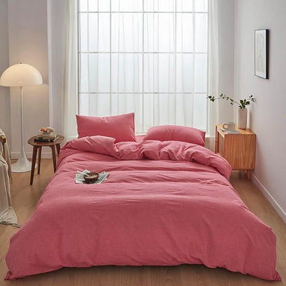 FACE TWO FACE Bedding Duvet Cover Set100% Washed Cotton Duvet Cover Linen Like Textured Breathable Durable Soft Comfy (Twin, Red)