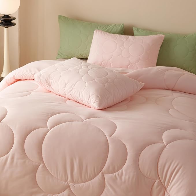 Luxlovery Pink Sunflower Comforter Set Twin Light Pink Floral Quilts Blush Pink Bedding Comforter Set Boho Farmhouse Plain Color Soft Breathable Cozy Comforter