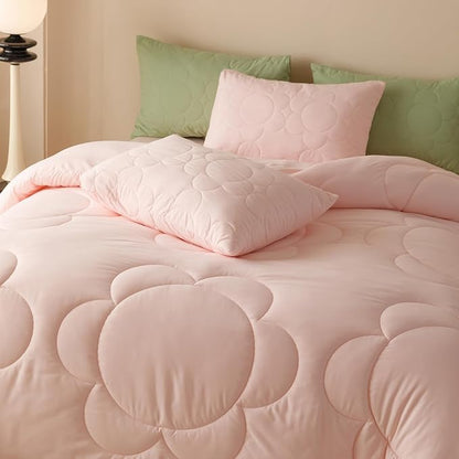 Luxlovery Pink Sunflower Comforter Set Twin Light Pink Floral Quilts Blush Pink Bedding Comforter Set Boho Farmhouse Plain Color Soft Breathable Cozy Comforter