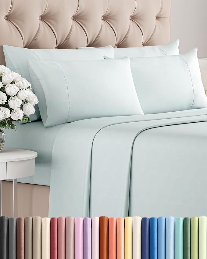 Full 6 Piece Sheet Set - Comfy Breathable & Cooling - Ultra Soft Hotel Luxury Bedding Set w/ 8-16 Inch Deep Pockets - 1 Flat & 1 Fitted Sheet & 4 Pillowcases - Wrinkle Free and Easy Care - Ice Blue