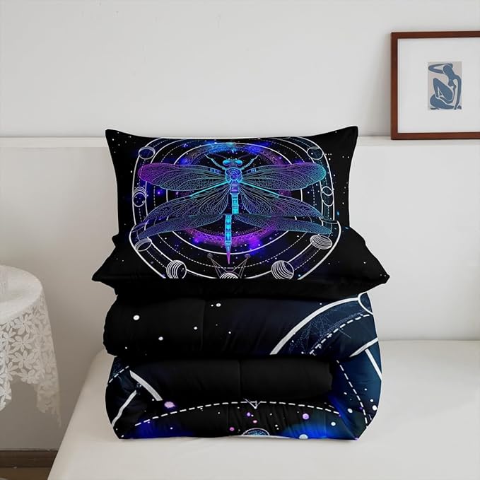 Death Dragonfly Duvet Insert Twin,Gothic Sun Moon Bedding Set for Kids Teens Boys Girls Room Decor,Galaxy Universe Comforter Set Trippy Geometric Quilted Duvet Set with 1 Pillowcase,Black Purple