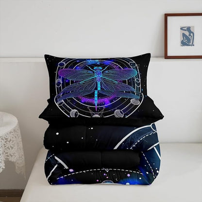 Death Dragonfly Comforter Set Queen,Gothic Sun Moon Bedding Set for Kids Teens Boys Girls Room Decor,Galaxy Universe Duvet Insert Trippy Geometric Quilted Duvet Set with 2 Pillowcases,Black Purple
