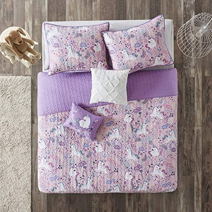 Intelligent Design Kids Cotton Unicorn Printed Pink Queen Quilt Set, 5pc