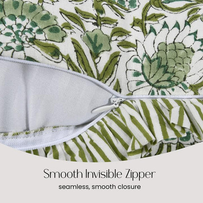 CPC Block Print Agate Green Ruffle Cotton Lumbar Pillow Cover 12x20 inch