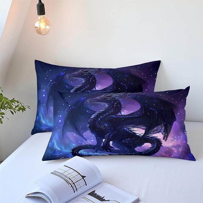 Black Dragons Bedding Set Outer Space Starry Sky Comforter Set Twin Size Western Castle Fairy Dragons Comforter 3D Animals Dragon Bed Set for Kids Boys Teens Women Decor Black Purple