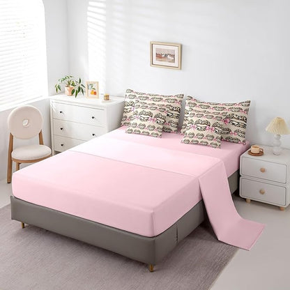 jejeloiu Leopard Kiss Lips Bedding Set 7Pcs Full Size Kids Pink Bow Comforter Set with Sheets for Boys Girls Vintage Bed in a Bag Soft Lightweight,Microfiber