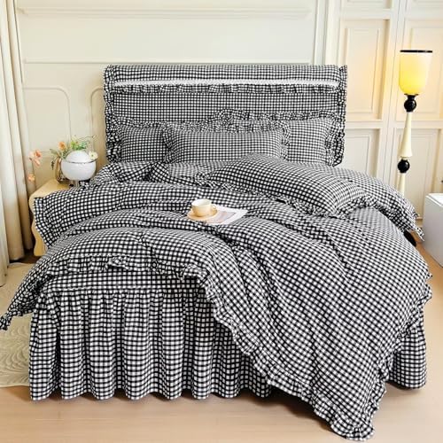 mixinni Vintage Black Gingham Ruffle Comforter Set 3-Piece Washed Cotton King Size Grid Bedding Set with Geometric Checkered Pattern, Farmhouse Chic Soft Fluffy Comforter for All-Season