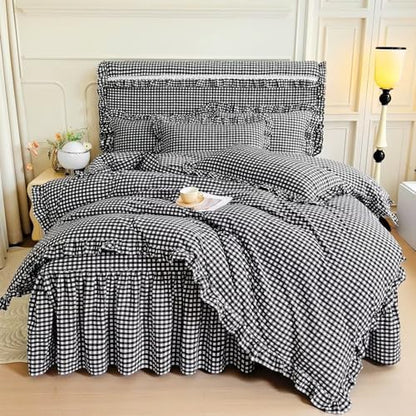 mixinni Vintage Black Gingham Ruffle Comforter Set 3-Piece Washed Cotton King Size Grid Bedding Set with Geometric Checkered Pattern, Farmhouse Chic Soft Fluffy Comforter for All-Season