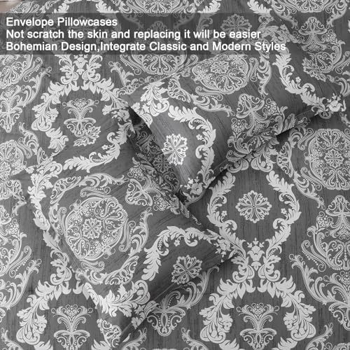 WONGS BEDDING Dark Grey Comforter Set Queen Size, Damask Texture 7 Pieces Bed in a Bag Microfiber Comforter Bedding Sets -1 Comforter, 1 Flat Sheet, 1 Fitted Sheet, 2 Pillow Shams, 2 Pillowcases