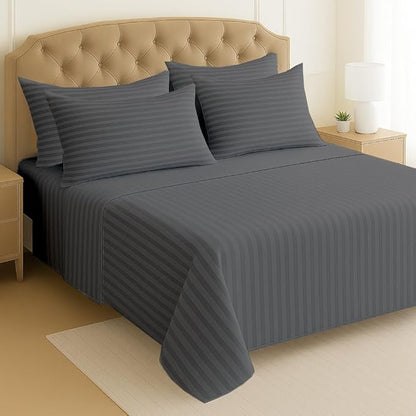 Mattress-Homes Premium Collection, 7 PC Split Sheet Set, 100% Egyptian Cotton Crisp Fits Mattress Up to 18" DEEP Pocket, King Size, Machine Wash, Extra-Soft Breathable Sheets in Dark Grey Stripe