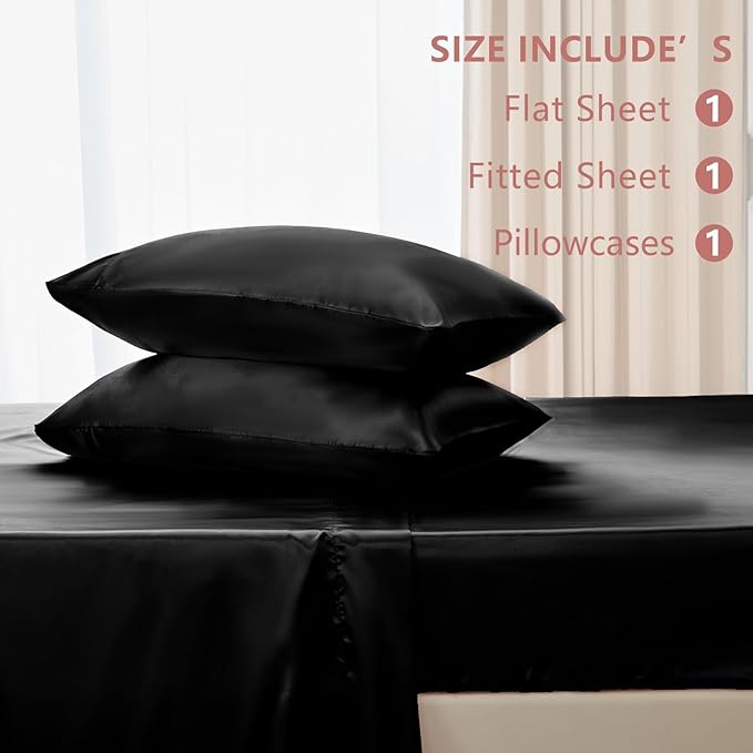 CozyLux Satin Sheets Twin XL Sheets - 3 Piece Silky XL Twin Sheet Set, Luxury Extra Long Black Sheet with Smooth and Soft Microfiber, Includes 1 Fitted Sheet, 1 Flat Sheet and 1 Pillowcase