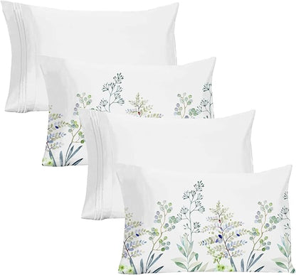 YIYEA Pillow Cases Queen Size Set of 4, Ultra Soft 1800TC Hotel Quality Double Brushed Microfiber Embroidered Pillowcases and Floral Pillow Covers, Envelope Closure, Fade Resistant (20"x30")